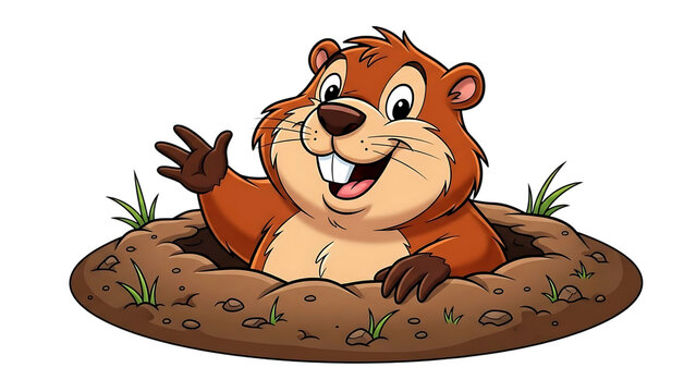 Friendly Cartoon Groundhog Character Waving from a Dirt Burrow Hole Illustration