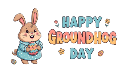 Cute cartoon rabbit holding an Easter egg with Happy Groundhog Day text