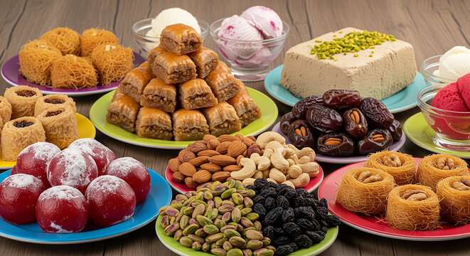 Set of assorted traditional eastern desserts. Arabian sweets on wooden table. Baklava, halva, rahat lokum, sherbet, nuts, pistachios, dates, raisins, kadayif in a colorful plates. Selective focus