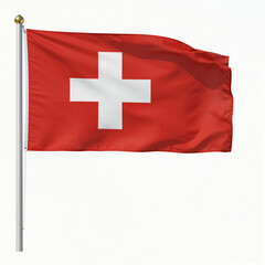 Obraz premium Swiss flag on a flagpole: bold red field with a centered white cross, isolated on a white background