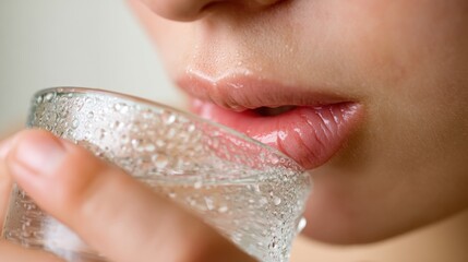 Macro close-up of lips touching chilled glass covered with water droplets. Sensory moment of refreshment, intimacy and physical awareness