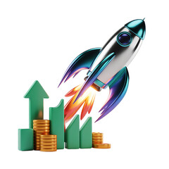 3D rocket launch with business growth graph and gold coins isolated PNG
