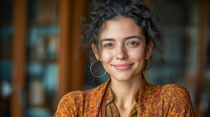 Smiling Brunette Woman in Bohemian Style: Authentic Indoor Portrait with Relaxed Charm and Curly Hair
