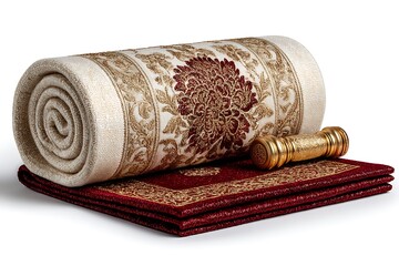 Elegant rolled prayer mat with gold accents and ornate design