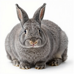 Soft gray rabbit with long ears facing the camera, centered on a white background