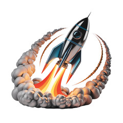 3D rocket launch with business growth graph and gold coins isolated PNG
