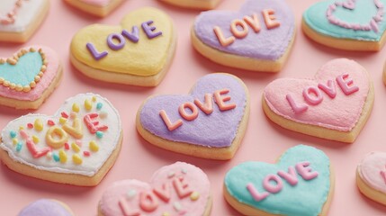A collection of heart-shaped cookies with colorful frosting and the word 'love' on a pink background