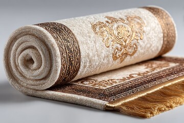 Luxurious rolled carpet with golden floral pattern and tassels