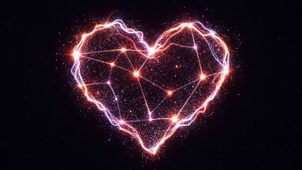 A luminous, ethereal, and glittering digital heart shape, intricately rendered from interconnected particle trails and glowing dots, pulsating vibrantly against a deep dark cosmic background