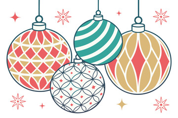 Christmas balls printed and pattern clipart set. Green and red xmas ball decoration elements clip art with spiral, curve, snowflakes and star graphic design collection for holiday season vector