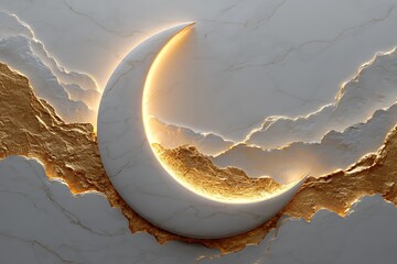 Ethereal crescent moon sculpture with golden glow on marble