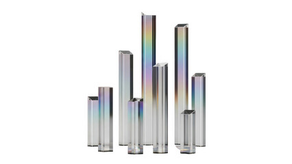 Obraz premium Collection of tall, thin, rectangular prisms with iridescent, reflective surfaces isolated on white isolated on transparent background