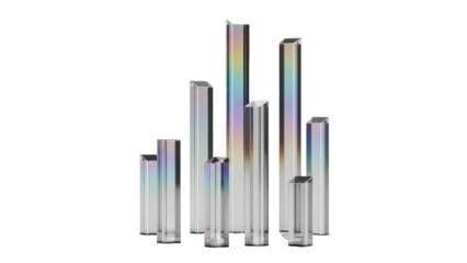 Collection of tall, thin, rectangular prisms with iridescent, reflective surfaces isolated on white isolated on transparent background