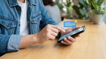Close up of person in denim jacket using smartphone, receiving a notification or message, concept of mobile communication and social media interaction at a cafe table