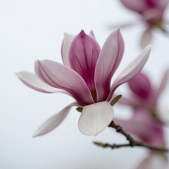 Fototapeta premium Close-up of a pink and white magnolia flower with thick, velvety petals centered on a pale background