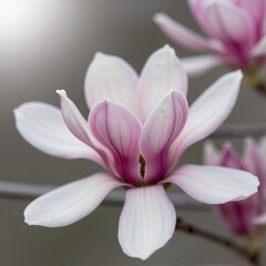 Fototapeta premium Close-up of a pink and white magnolia blossom with thick petals, centered against a soft neutral background