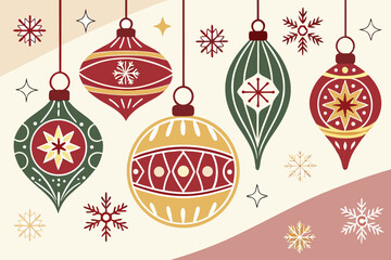 Christmas balls printed and pattern clipart set. Green and red xmas ball decoration elements clip art with spiral, curve, snowflakes and star graphic design collection for holiday season vector