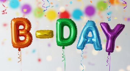 Birthday balloons in rainbow colors with festive confetti in bright lighting for celebration