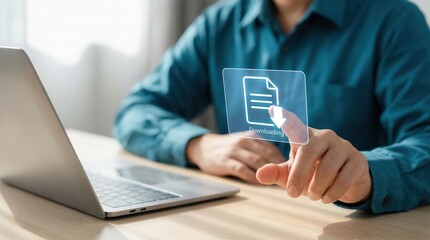 Businessman interacting with digital document icon on a holographic screen next to a laptop, concept of data management and digital paperwork in modern office