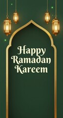 Happy Ramadan Kareem Greeting Card with Lanterns and Elegant Design islamic