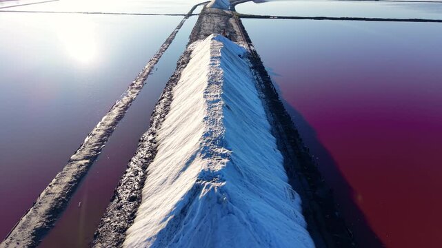 Aerial view focusing on a white salt ridge separating two vivid water channels. One channel shows a deep violet-pink hue from high salinity and light.