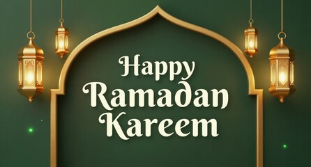 Happy Ramadan Kareem Greeting Card with Lanterns and Islamic Arch