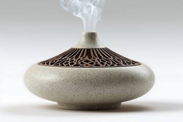 Smoke rising from modern ceramic aromatherapy diffuser on white background