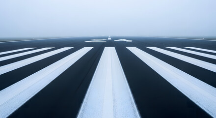 Runway threshold markings and designation number 24 in heavy fog