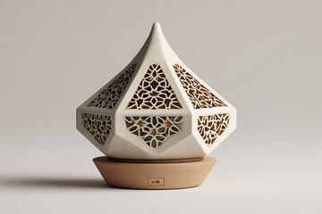Modern geometric essential oil diffuser with intricate design on wooden base