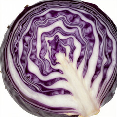 Cross-section of red cabbage with concentric purple and white layered leaves on white background