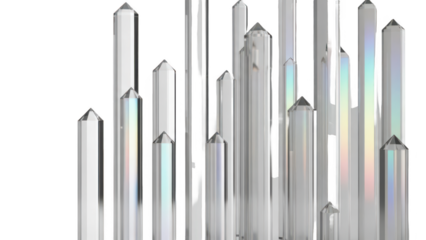 Collection of tall, clear crystal or glass quartz prisms with iridescent reflections isolated on transparent background