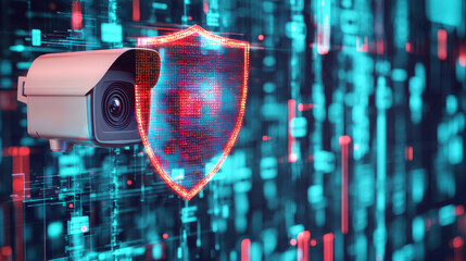 Glowing security camera with digital shield symbolizing protection and surveillance technology