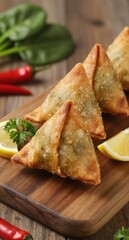 Delicious Fried Samosas on Wooden Board with Lemon and Herbs