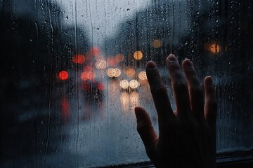 Rainy Window Reflections: A moment of introspection captured through a rain-streaked window, blurring city lights, with a hand reaching out in a gesture of contemplation.