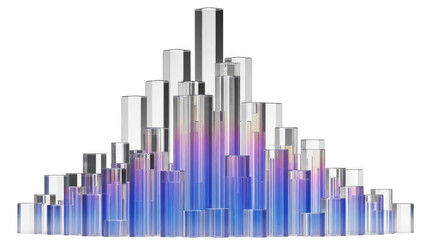 Abstract 3d crystal cityscape with iridescent blue and purple reflections isolated on white isolated on transparent background