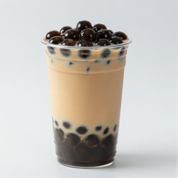 Colorful taro bubble tea with large black pearls in a clear cup