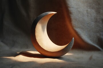 Crescent moon sculpture glowing softly on textured surface