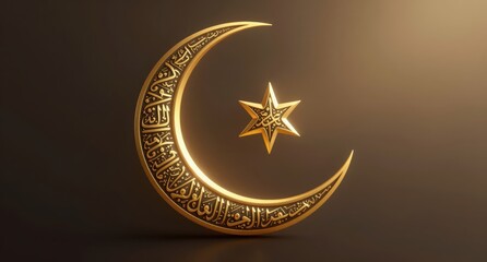 Golden Crescent Moon and Star Islamic Symbol Ramadan Eid Mubarak arabic
