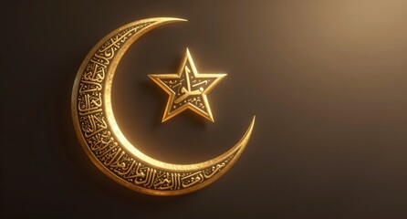 Golden Crescent Moon and Star Islamic Symbol Ramadan Eid Mubarak muslim