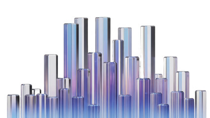 Abstract collection of iridescent glass or crystal cylinders resembling a futuristic city skyline isolated on transparent background