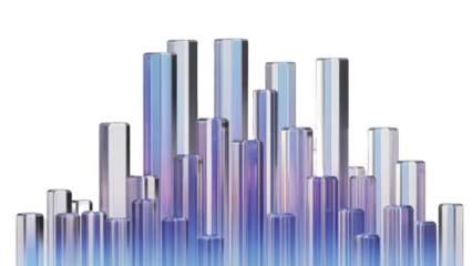 Abstract collection of iridescent glass or crystal cylinders resembling a futuristic city skyline isolated on transparent background