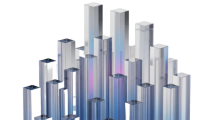 Abstract collection of shiny metallic square crosssection bars or columns against a transparent background