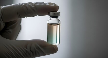 A gloved hand holding a small vial of liquid medicine.