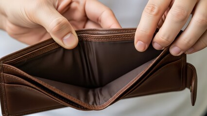 A persons hands opening an empty brown leather wallet showing it has no money inside