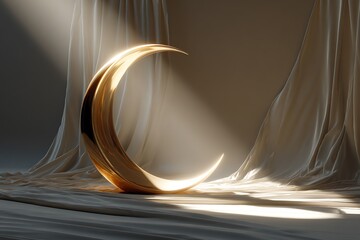 Golden crescent moon sculpture with soft draping fabric and warm lighting