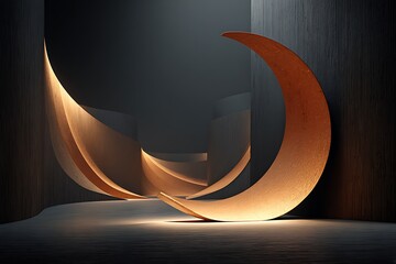 Modern abstract sculpture with crescent shapes in warm lighting