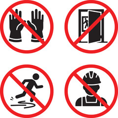 Banned workplace safety violations prohibition icon set showing no hard hat no gloves running on slippery floor and blocked emergency exit silhouettes