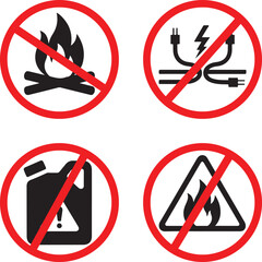 Banned workplace hazard prohibition icon set showing exposed wiring fire open flame and toxic chemical silhouettes for industrial safety compliance