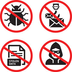 Banned digital behavior prohibition icon set showing hacking phishing data theft and malware silhouettes for cybersecurity compliance