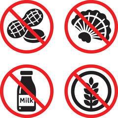 Banned food allergen prohibition icon set showing peanut shellfish milk and gluten silhouettes for allergy safety restricted areas and health awareness